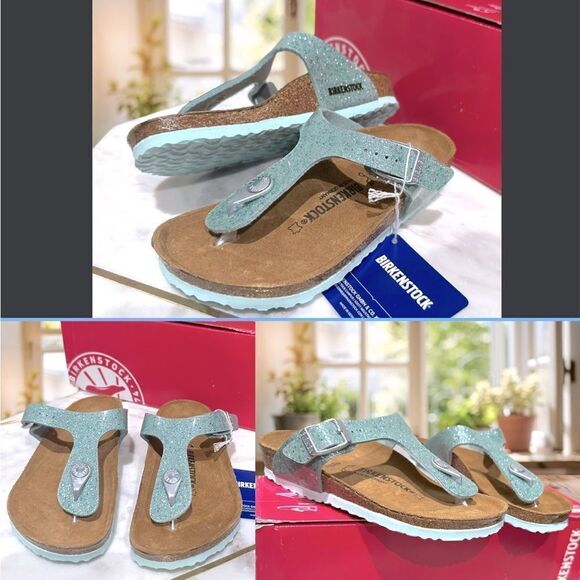 🔥 🆕 BIRKENSTOCK Girls Sandals Green Gizeh Cosmic Sparkle Size 30 US 12 - 12.5